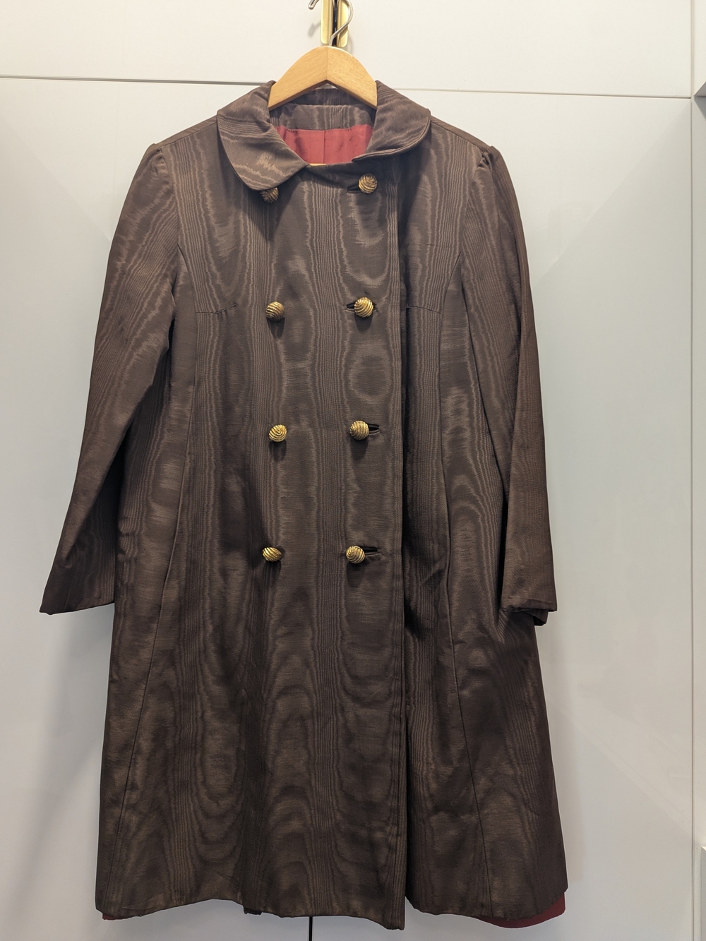 60s Vintage Double Breasted Moire Coat, Dressy Shiny Brown, Count Romi
